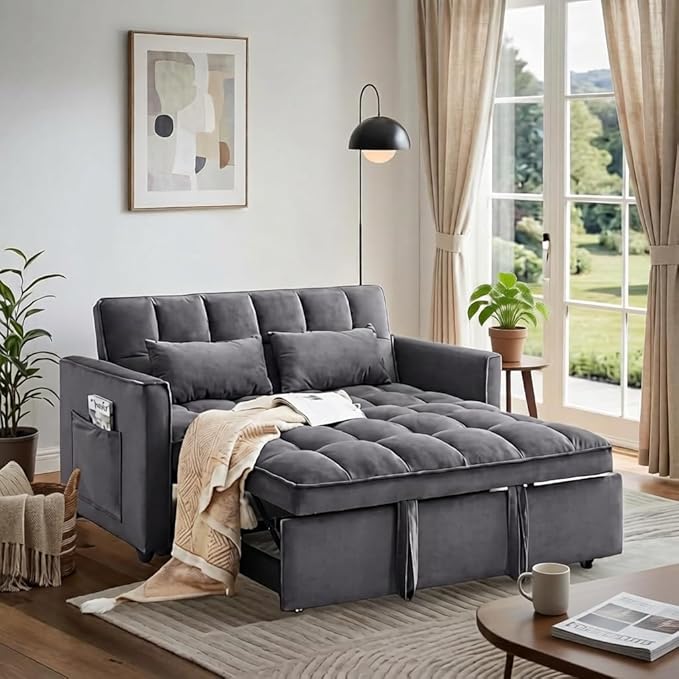 Pull Out Couch, Loveseat Sleeper Sofa Bed with Side Pockets, 3 in 1 Velvet Fabric Convertible Sofa Bed with Adjustable Backrest for Living Room, Bedroom, Apartment, Gray