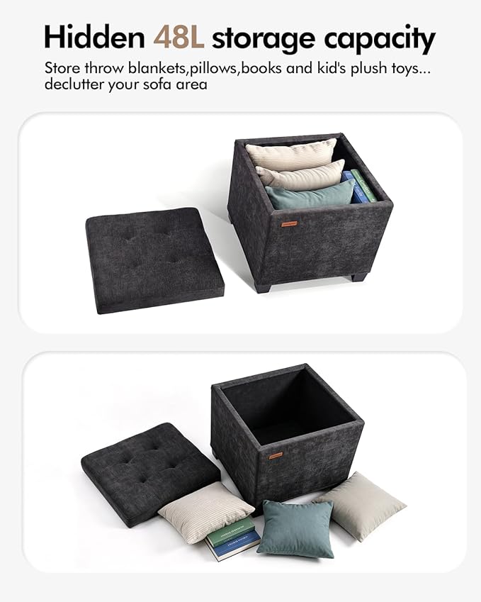 ABHENG Chenille Cover Steel Frame Ottoman with 48L Storage,17.7" x 17.7" x 17.7" Square Linen Storage Ottoman Stool Cube with Legs,for Dorm Livingroom Charcoal UASND641B