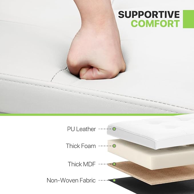 Magshion Folding Storage Ottoman Bench, 15 x 30 x 14.5 Inches PU Leather Ottoman Foot Rest, End of Bed Bench, 90L Storage Chest for Bedroom, Living Room, Entryway, Hallway, White