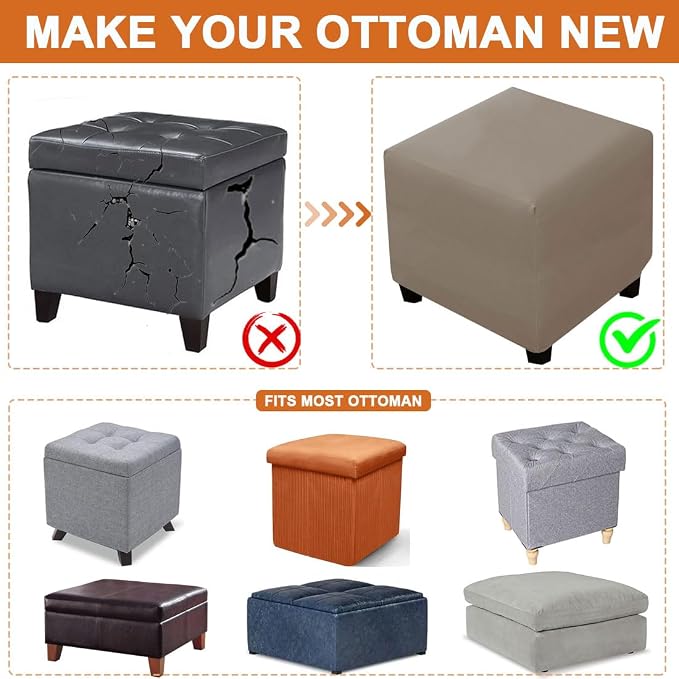 Waterproof Ottoman Cover Square Stretch PU Soft Folding Storage Ottoman Cover with Elastic Bottom Cube Footrest Foot Stool Slipcovers Machine Washable(Small/Light Gray)