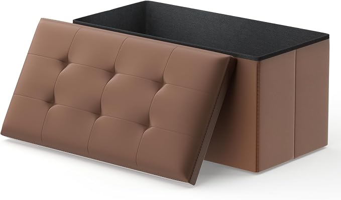 MoNiBloom 30 Inch Storage Ottoman Bench, 24 Gal. Folding Ottoman Footrest, End of Bed Bench, Rectangle Foot Stool, Supports 600 lbs, for Bedroom, Living Room, Entryway, Hallway, Brown