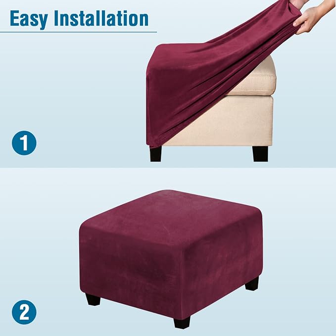 H.VERSAILTEX Square Ottoman Covers Ottoman Slipcover Square Footstool Protector Covers Storage Stool Ottoman Covers Stretch with Elastic Bottom, Feature Real Velvet Plush Fabric, Burgundy