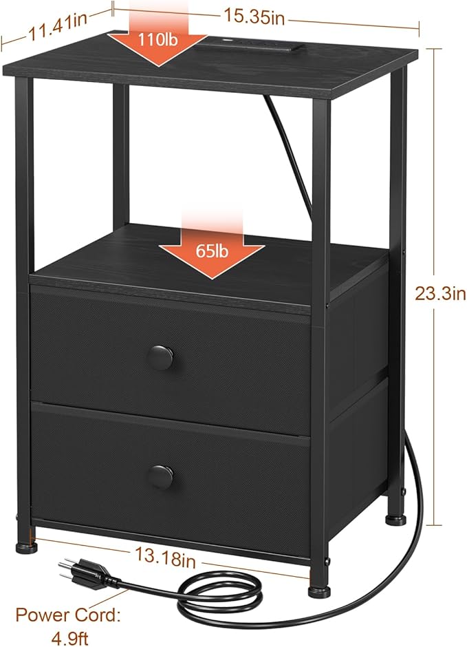 LOAKEKEL Night Stand Set 2, LED Nightstand with Charging Station, End Tables with Storage Shelf, Bed Side Table with 2 Fabric Drawers for Bedroom, Small Spaces, Black, HETS02BK