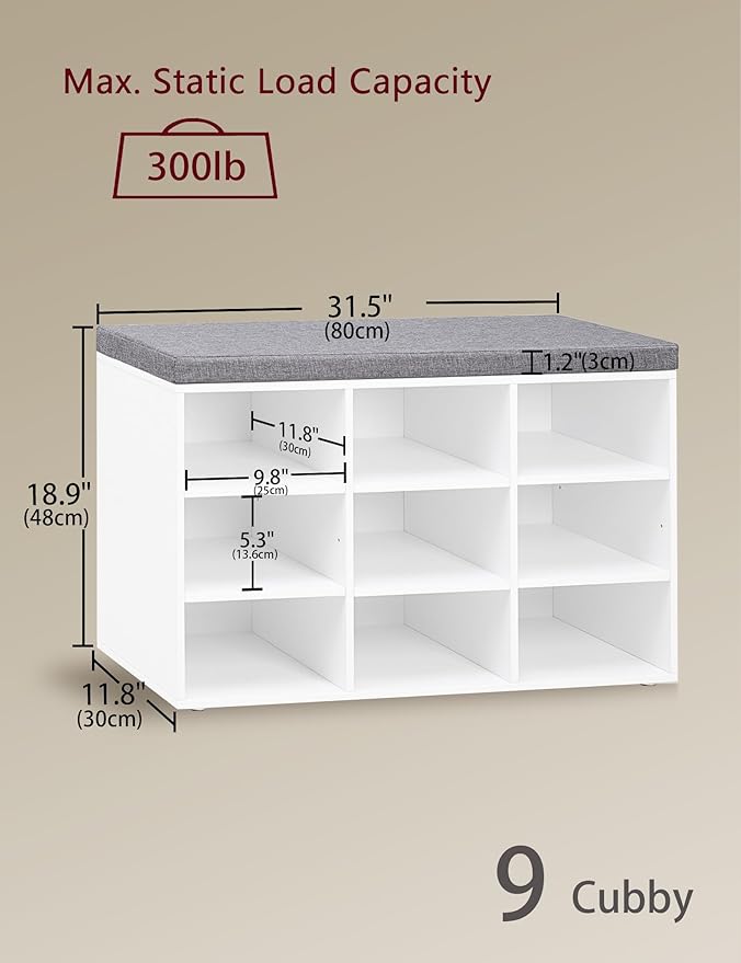 DINZI LVJ Shoe Storage Bench with Cushion, Cubby Shoe Rack with 9 Cubbies, Adjustable Shelves, Multifunctional Shoe Organizer Bench for Entryway, Mudroom, Hallway, Closet and Garage, White