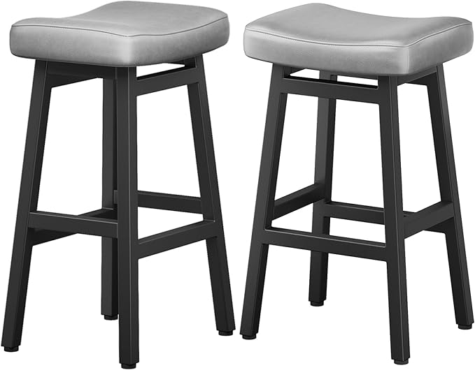 Raynesys 29 Inches Bar Stools Set of 2, Bar Height Barstools for Home Counter, Blackless Barstool with Bonded Leather Saddle Seats & Heavy Duty Metal Legs, Easy Assembly, Gray/Black
