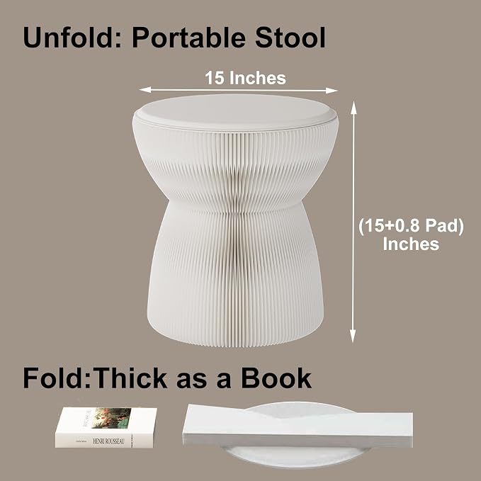 Accordion Folding Stool, Bouquet Shaped Collapsible Kraft Paper Stool for Adults, 660lbs Honeycomb Fold Up Ottoman, Portable Under Desk Footrest Seat for Living Room, Dorm & Office (15 Inch, White)