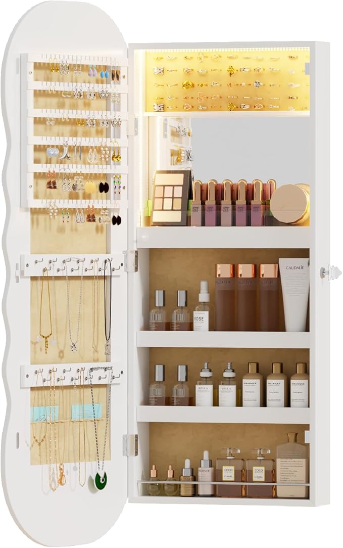 LVSOMT LED Mirror Jewelry Cabinet Wall Mounted, Over the Door Jewelry Organizer with Wave Mirror, Lockable Full Length Mirror with Storage, Jewelry Armoire for Necklaces Earrings, Gift for Women,White