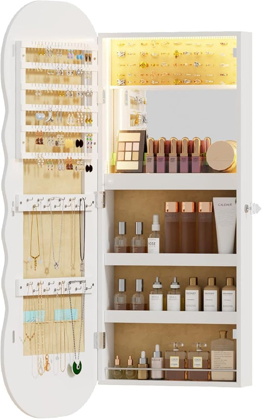 LVSOMT LED Mirror Jewelry Cabinet Wall Mounted, Over the Door Jewelry Organizer with Wave Mirror, Lockable Full Length Mirror with Storage, Jewelry Armoire for Necklaces Earrings, Gift for Women,White