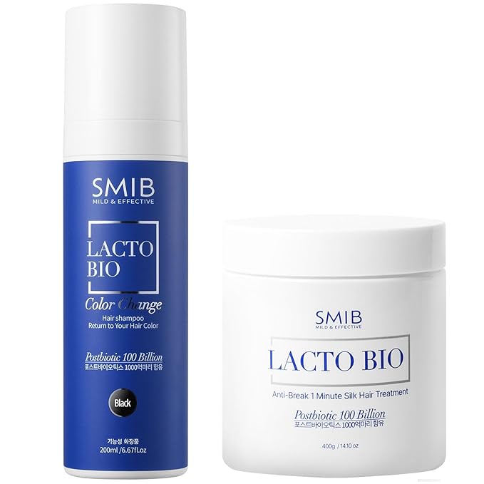 SMIB ヘアカラー＆リペアセット – 自然な黒髪用白髪カバーシャンプー＋1分シルクヘアトリートメント – プロバイオティクス配合 韓国デイリーヘアケア – 200 + 420ml