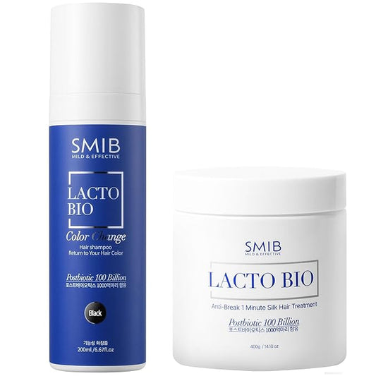 SMIB ヘアカラー＆リペアセット – 自然な黒髪用白髪カバーシャンプー＋1分シルクヘアトリートメント – プロバイオティクス配合 韓国デイリーヘアケア – 200 + 420ml