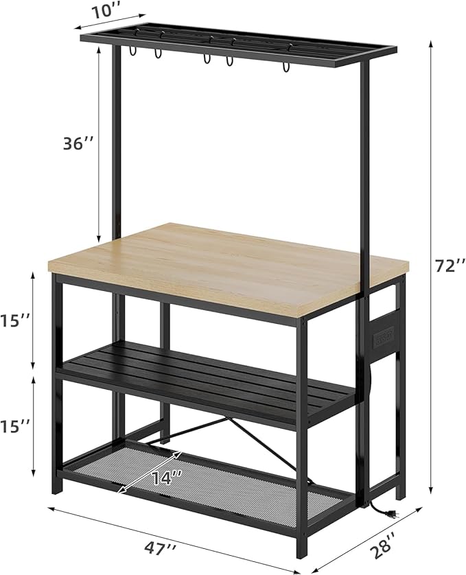 GarveeHome 47 in Versatile Kitchen Island with Storage – Durable Wood & Steel Design, Microwave Shelf, 3-Tier Open Shelves, 5 Hooks (47 in x28 in x72 in)