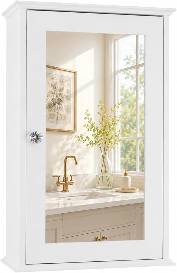 VINGLI Bathroom Wall Cabinet Wall Mount Mirrored Medicine Cabinet with Mirror Storage Organizer with Single Mirror Door and 2 Adjustable Shelves White