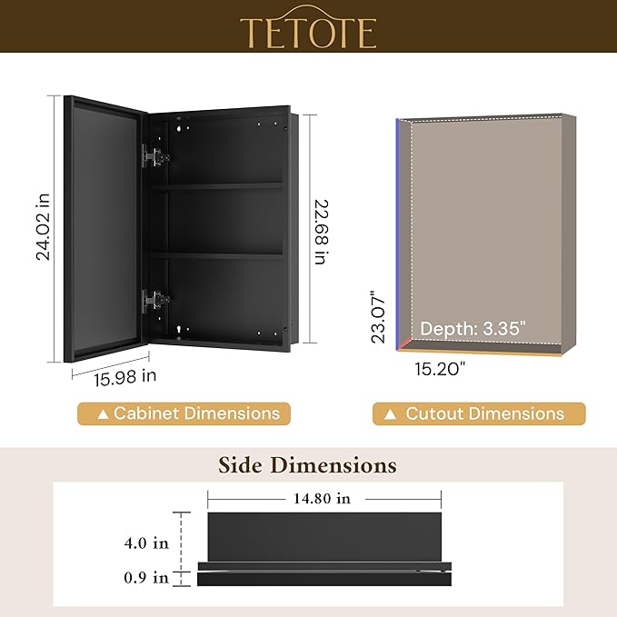 TETOTE Medicine Cabinet Mirror 16" x 24" Black Aluminum Frame Medicine Cabinet with Beveled Mirror, Stepless Adjustable Shelves, Bathroom Mirror with Storage, Wall-Mounted or Recessed