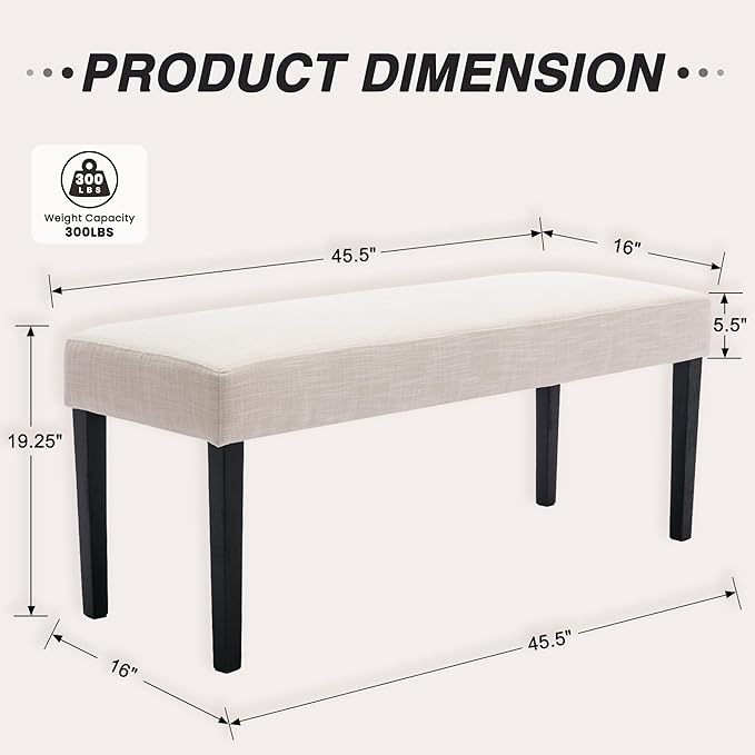 HNY Farmhouse Upholstered Dining Bench Seat Set of 2, 45" Linen Fabric Entryway Bench with Black Wood Legs, Mid Century Modern End of Bed Bench for Kitchen Bedroom Living Room Hallway, Beige