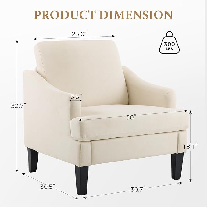 Bezseller Modern Accent Chairs Set of 2, Upholstered Reading Armchair with Wood Legs, Mid-Century Leisure Comfy Single Sofa Chair for Living Room, Bedroom, Home, Office, Beige