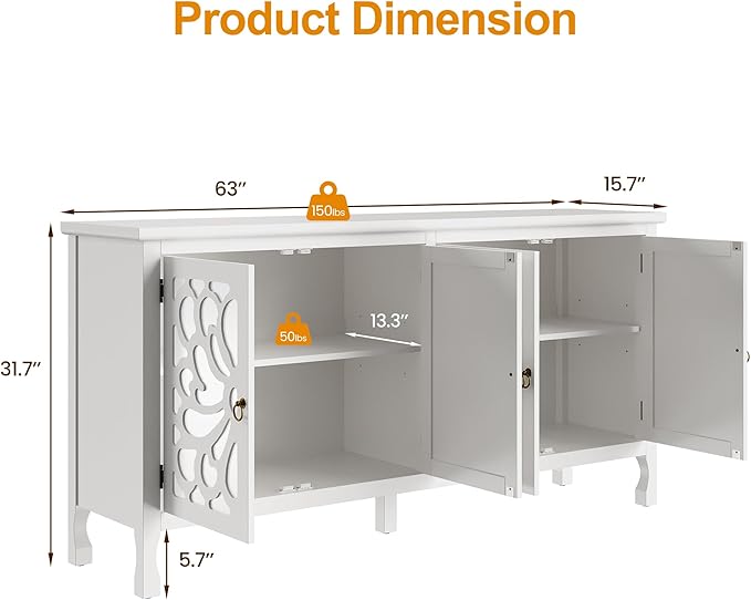 RoyalCraft 63'' Buffet Cabinet with Mirror Butterfly Carved Door, Sideboard Cabinet with Adjustable Shelves, Vintage Accent Credenza Media Console for Entryway, Kitchen, Satin White