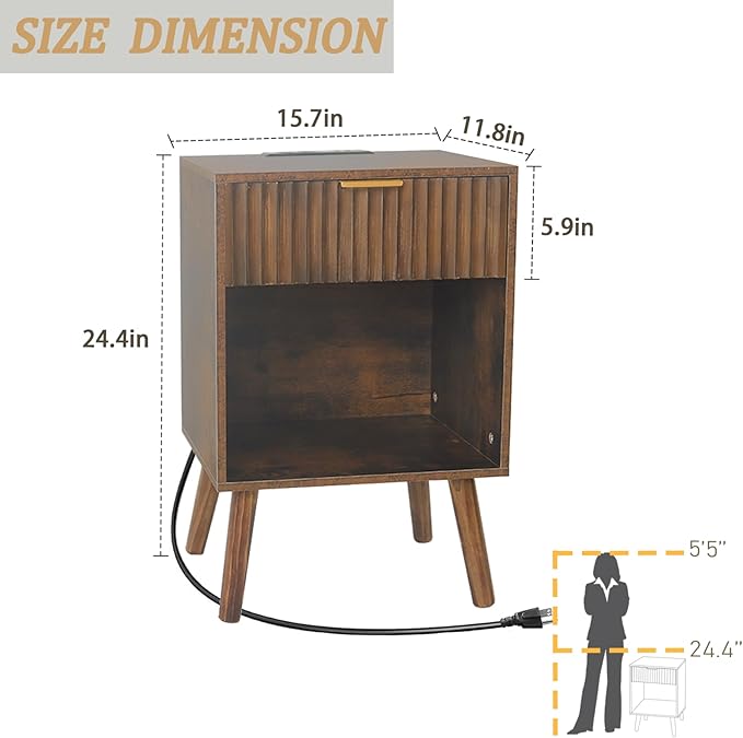 Fultyle Mid Century Modern Nightstand with Charging Station, Modern Bedside Table with Fluted Drawer and Storage Shelf, End Side Tables Living Room for Bedroom, Office (Rustic Brown)