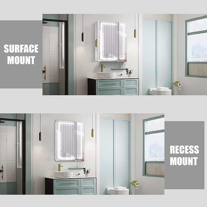 LED Medicine Cabinet,Bathroom Mirror Cabinet with Lights,24×28inch,Equip with Internal Light,Aluminum Construction,USB Shaver Socket,3 Color,Dimmer,Demister,Surface Mounted and Recess Mounted