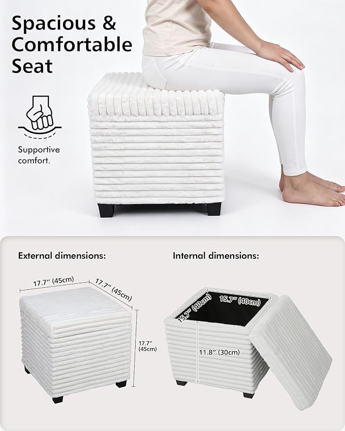 ABHENG 17.7 inches Faux Fur Ottomans Cube with Legs, Metal Framed Vanity Stool Chair Storage Ottoman Foot Rest Stool, Holds 770 LB for Dorm Living Room Bedroom White UASND644W