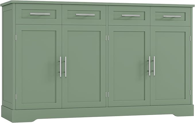 HOSTACK 60" Large Buffet Sideboard with Storage, 36" Tall Kitchen Buffet Storage Cabinet with 4 Drawers, Modern Coffee Bar Cabinet with Silver Handles, Long Sideboard Buffet Table for Kichen, Green