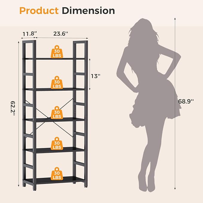 DUMOS 5-Tier Bookshelf, Modern Tall Bookcase, Open Storage Display Shelf for Living Room, Bedroom, Home Office, Narrow Standing Shelving Unit for Books, CDs, Décor，Modern Black