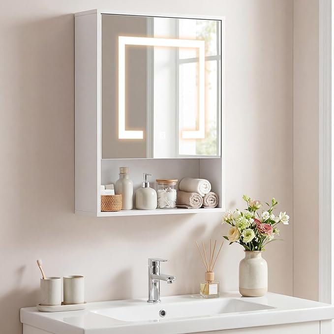Giantex 24"x18" Medicine Cabinet with Mirror and Lights, Recessed or Wall Mounted LED Bathroom Wall Cabinet, Modern Storage Organizer with 3 Color Lights and Adjustable Shelf (White)