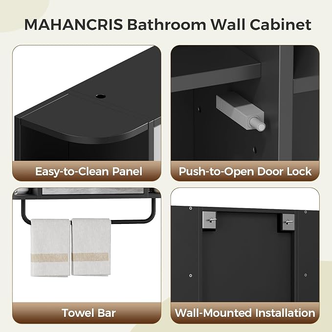 MAHANCRIS Bathroom Wall Cabinet with Mirror, Mirrored Medicine Cabinet with 3 Colors LED Light and 4 Open Shelves, Wall Mounted Storage Cabinets with Adjustable Shelf, 24.7"L x 6.7"W x 26.7"H, Black
