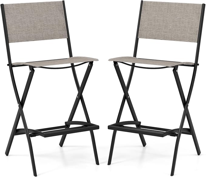COSTWAY Outdoor Patio Bar Chair Set of 2, Folding Counter Height Stool with Metal Frame & Footrest, Patio Bar Stool for Balcony, Garden & Poolside (2, Coffee)