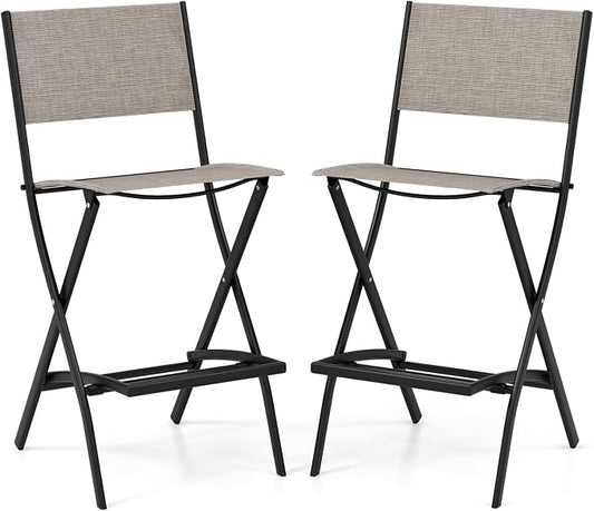 COSTWAY Outdoor Patio Bar Chair Set of 2, Folding Counter Height Stool with Metal Frame & Footrest, Patio Bar Stool for Balcony, Garden & Poolside (2, Coffee)
