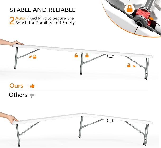 VINGLI 8 feet Plastic Folding Bench,Portable in/Outdoor Picnic Party Camping Dining Seat, Garden Soccer Multipurpose Entertaining Activities, Smooth HDPE Tabletop (1, White, 8ft)