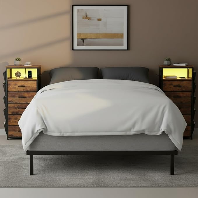 EnHomee Nightstands Set of 2 with 5 Drawers, Dresser with Charging Station and LED Light, Tall Nightstand with Extra Side Bag & Hooks, Bedroom, Closet, Hallway, Entryway, Rustic Brown
