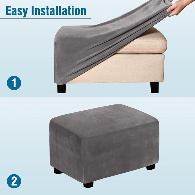H.VERSAILTEX Real Velvet Plush 1 Piece Form Fit Stretch Rectangle Folding Storage Covers Ottoman Slipcovers Removable Footstool Protect Footrest Covers Elastic Bottom, Machine Washable(Large, Grey)