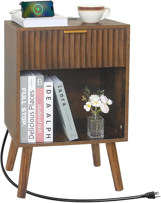 Fultyle Mid Century Modern Nightstand with Charging Station, Modern Bedside Table with Fluted Drawer and Storage Shelf, End Side Tables Living Room for Bedroom, Office (Rustic Brown)