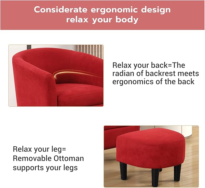 INZOY Modern Accent Chair with Ottoman for Small Space, Club Chair with Ottoman Set, Comfy Fabric Barrel Reading Chairs for Living Room Bedroom, Round Reading Chair with Foot Rest, Red