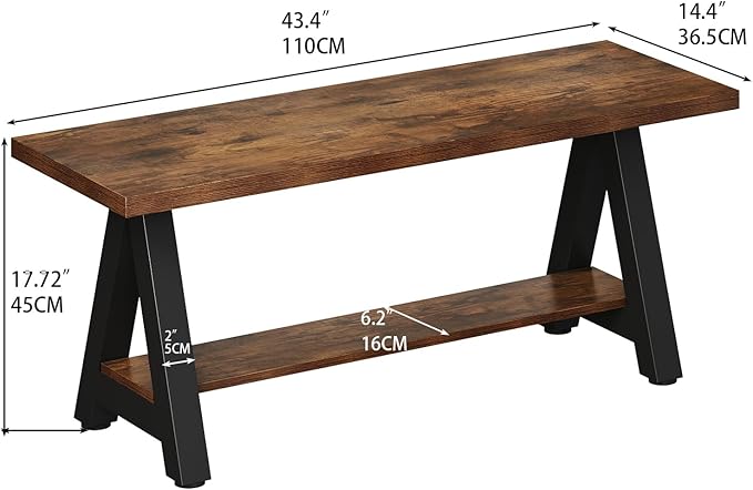 43" Farmhouse Wood Bench Industrial Entryway Bench Rustic Wood and Metal Shoe Storage Bench for Entryway, Living Room, Dining Room