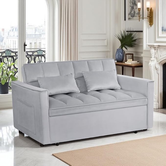 3 in 1 Convertible Sleeper Sofa Bed, Velvet Fabric Loveseat Sofa Bed with Adjustable Backrest & Large Side Pockets, Pull Out Couch for Small Spaces, Apartment, Living Room, Gray