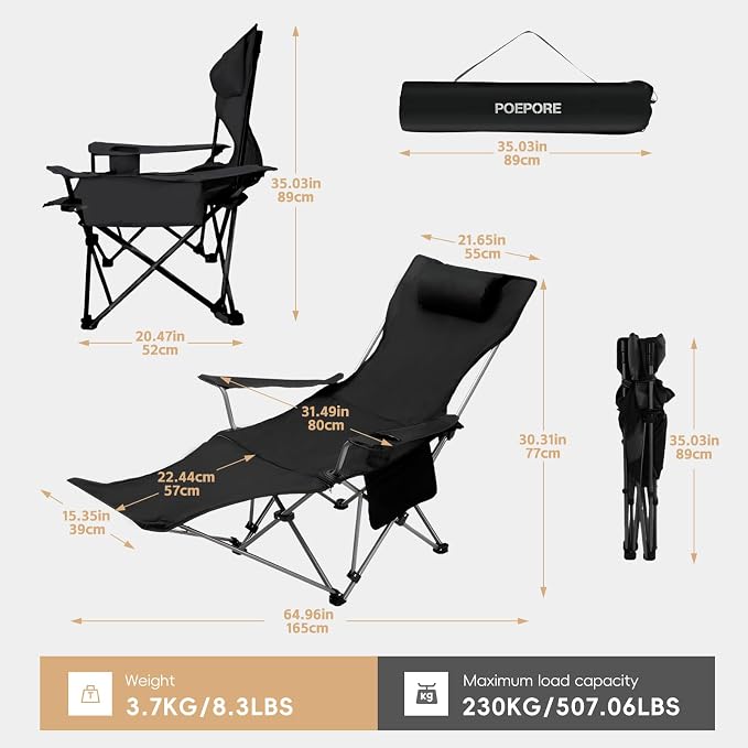 Camping Chairs Zero Gravity Recliner Chair with 4-in-1 Adjustable - Portable Folding Recliner with Cup Holder & Side Pocket, Detachable Footrest for Patio, Beach, Lawn, No Assembly - Black