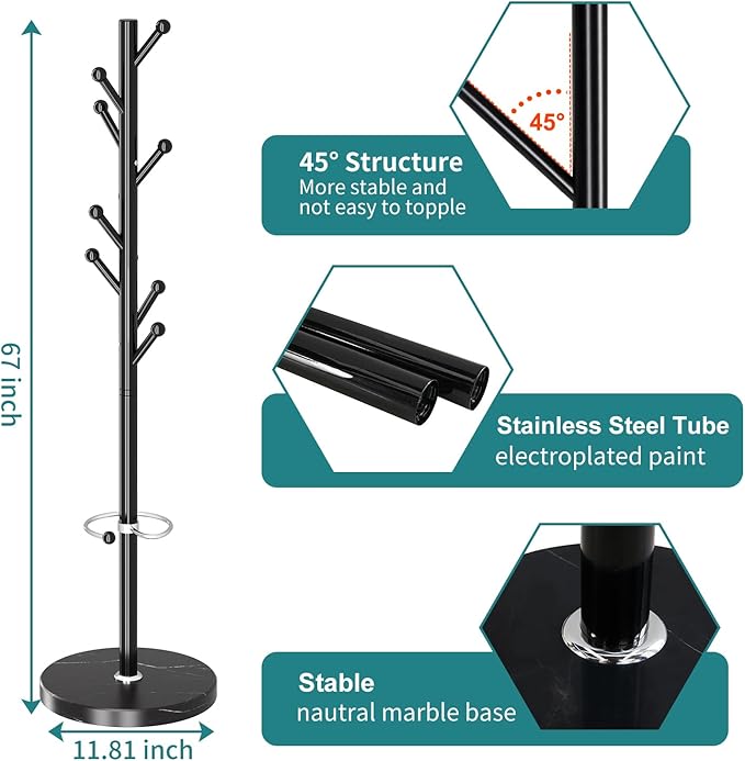 OIRUMIE Coat Rack with Natural Marble Base, Metal Coat Racks Freestanding, Modern Coat Rack Stand with 8 Hooks& Umbrella Holder, Black Coat Clothes Tree Hats Hanger Stand for Entryway, Hallway