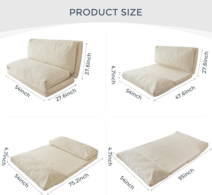 MAXYOYO Folding Sofa Bed, Extra Thick and Long Floor Sofa Convertible Sleeper Chair with Washable Cover, Floor Couch Lounge Bean Bag Bed for Living Room, Beige, 54x95 Inch