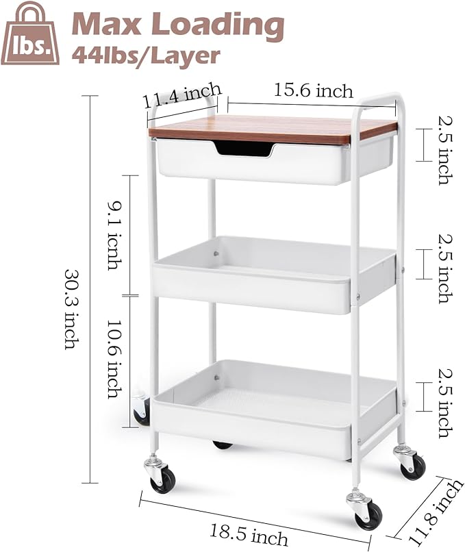 TOOLF 3 Tier Metal Utility Rolling Cart - White Storage Cart with Drawer and Wooden Table Top, Trolley Kitchen Organizer Rolling Desk with Locking Wheels for Office, Classroom, Home, Bedroom