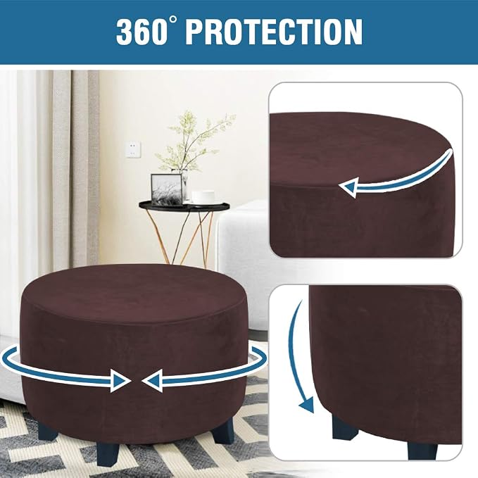 H.VERSAILTEX Round Ottoman Slipcover Ottoman Covers Slipcover Footstool Protector Covers Storage Stool Ottoman Covers Stretch with Elastic Bottom, Feature Real Velvet Plush Fabric (X-Large, Brown)