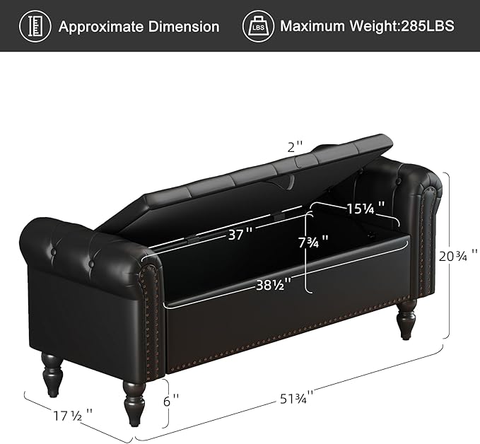 Furniliving 51” End of Bed Bench, Bedroom Bench with Button-Tufted, Large Upholstered Storage Ottoman Benches Entryway Bench with Storage Shoe Cabinet Bench, for Bedroom, Living Room, PU, Black