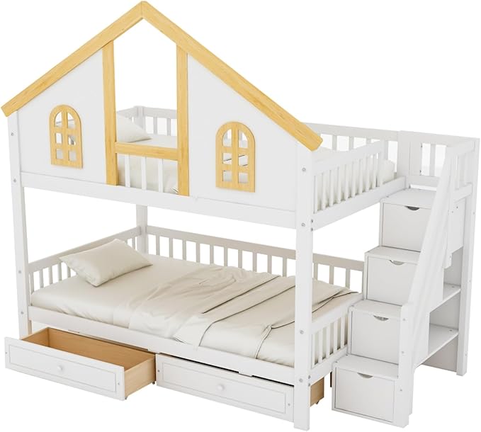 Full Over Full Bunk Bed with Drawers and Storage Stairs, House Castle Bed with Roof and Windows, Bookshelf, Space Saving for Kids, Boys, Girls, Adults, White