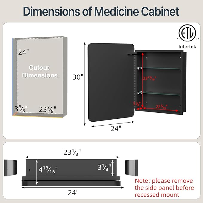 24x30 Inch Medicine Cabinet with Mirror, Recessed or Surface Mount Bathroom Medicine Cabinet with LED Lights, Anti-Fog, Memory Function, Adjustable Shelf, Dimmable Light, ETL Listed, Black,Left Hinge
