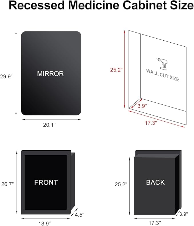 Black Medicine Cabinet with Lights,Recessed Medicine Cabinets for Bathroom Medicine Cabinets with Mirror,3-Color Lighted Medicine Cabinet with Metal Edge,Wall Mounted Mirrored Cabinets 20x30