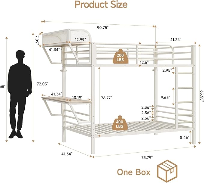 Bunk Bed Twin Over Twin, Metal Bunk Beds with Power Outlets & Desk, Heavy-Duty Bunkbeds Frame with Safety Guardrail & Ladders, Upper Bed with Storage Rack, No Box Spring Needed, for Juniors, White