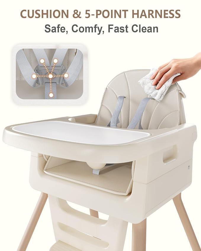 Baby High Chair for 6 Months+, Foldable High Chairs for Babies and Toddlers, Convertible High Chair, Adjustable Tray & Footrest, Portable High Chair & Easy to Clean(White with Wood Grain)