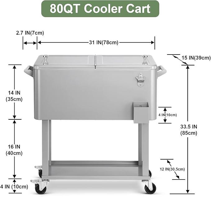 80 Quart Rolling Ice Chest Cooler Cart,Patio Backyard Party Drink Beverage Bar Stand Up Cooler Trolley with Ice Scoop