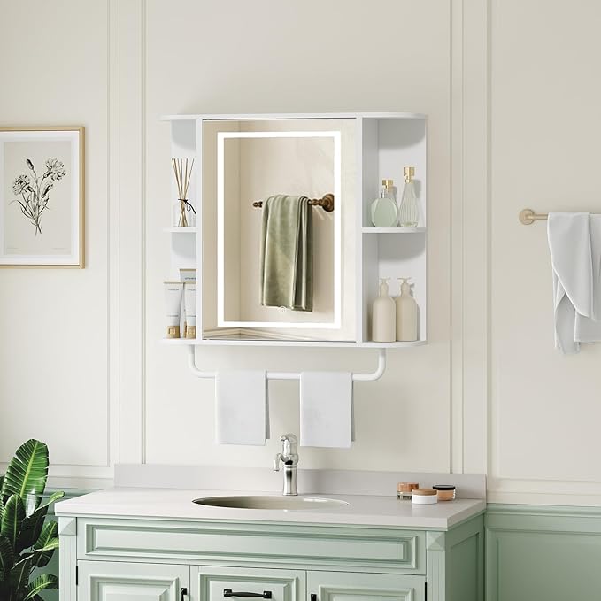 MAHANCRIS Bathroom Wall Cabinet with Mirror, Mirrored Medicine Cabinet with 3 Colors LED Light and 4 Open Shelves, Wall Mounted Storage Cabinets with Adjustable Shelf, 24.7"L x 6.7"W x 26.7"H, White