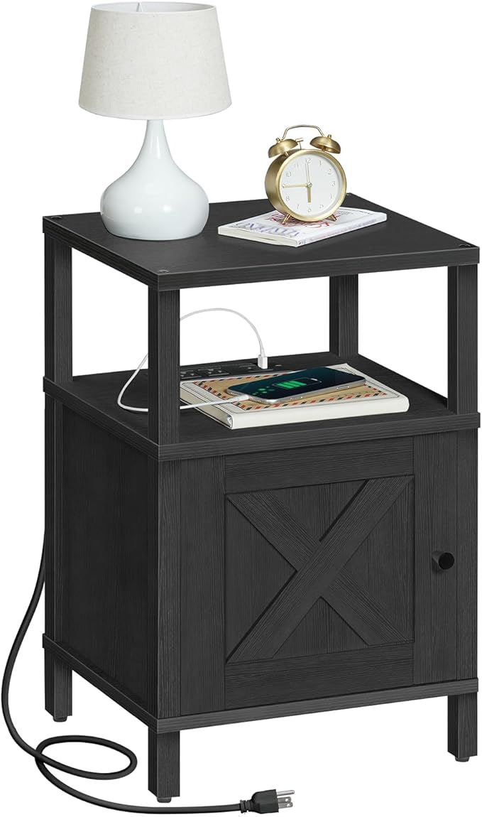 MAHANCRIS Farmhouse Nightstand with Charging Station, Black Bedside Table with USB & Type-C Ports, End Table with Storage and Open Shelf, Modern Side Table for Bedroom, ETBK96E01